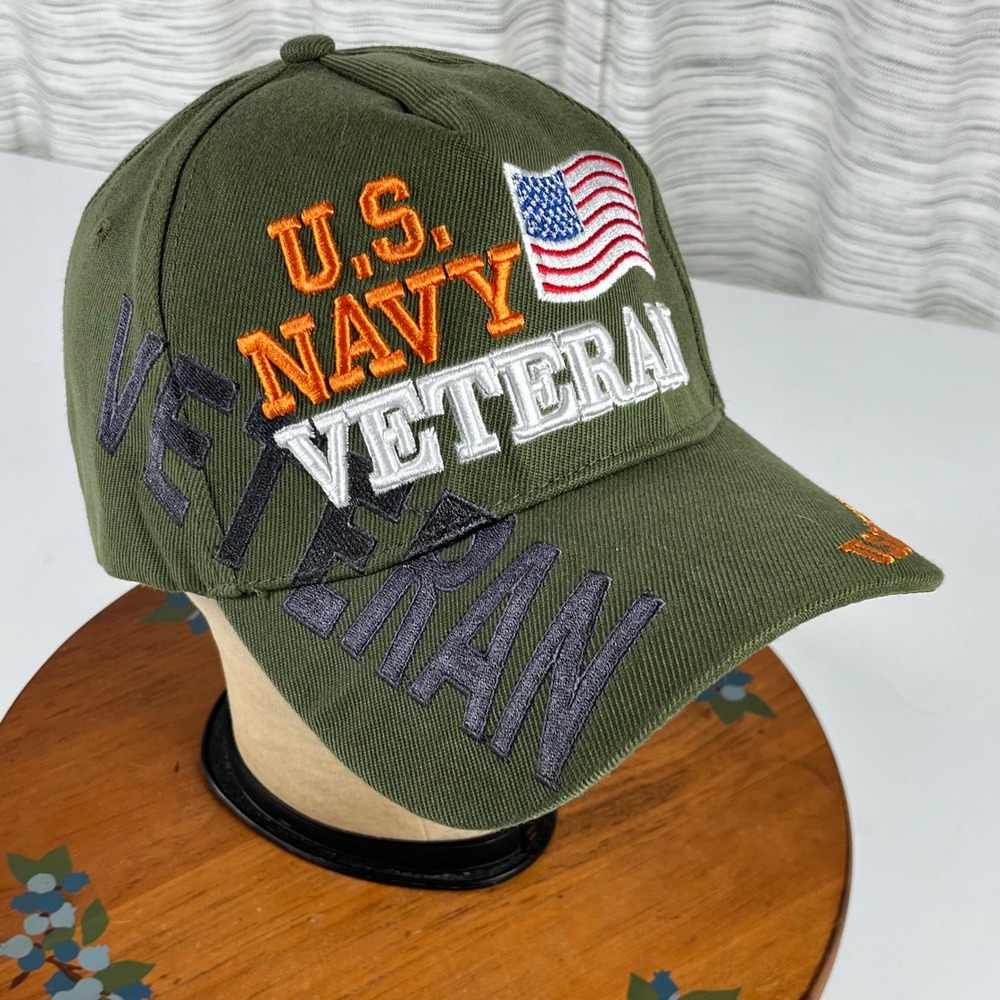 US Navy Veteran Hat Men Olive Green Adjustable Baseball Cap Embroidered USA Flag